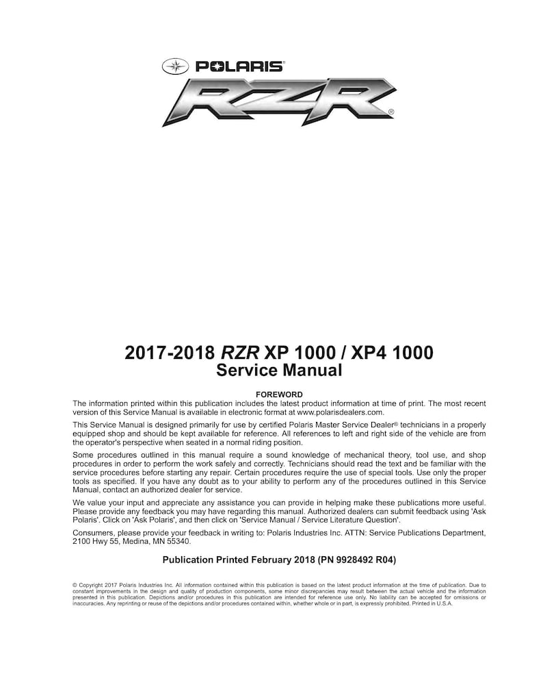 Polaris RZR XP 1000 Service Manual 2017-2018 UTV service manual preview page 2