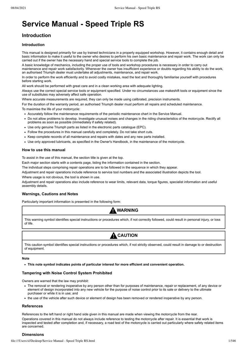 Triumph Speed Triple RS Service Manual service manual preview page 2