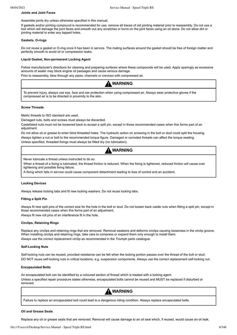 Triumph Speed Triple RS Service Manual service manual preview page 7