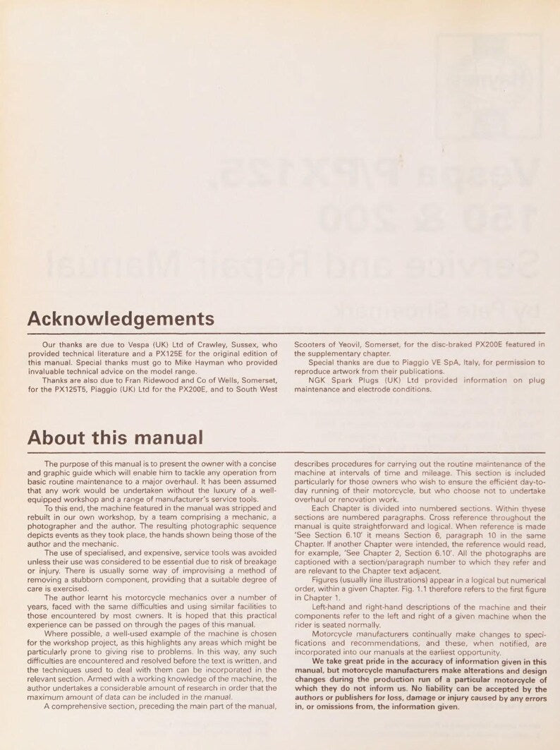Vespa P PX125 150 200 Scooter Service Manual service manual preview page 5
