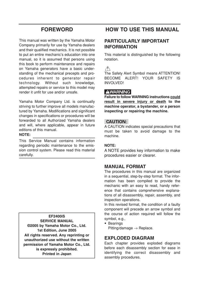 Yamaha EF2400iS Generator Service Manual service manual preview page 3