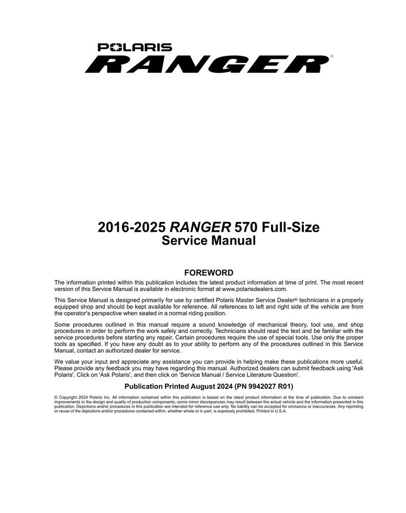 Polaris Ranger 570 Service Manual 2016-2025 Full-Size UTV service manual preview page 2