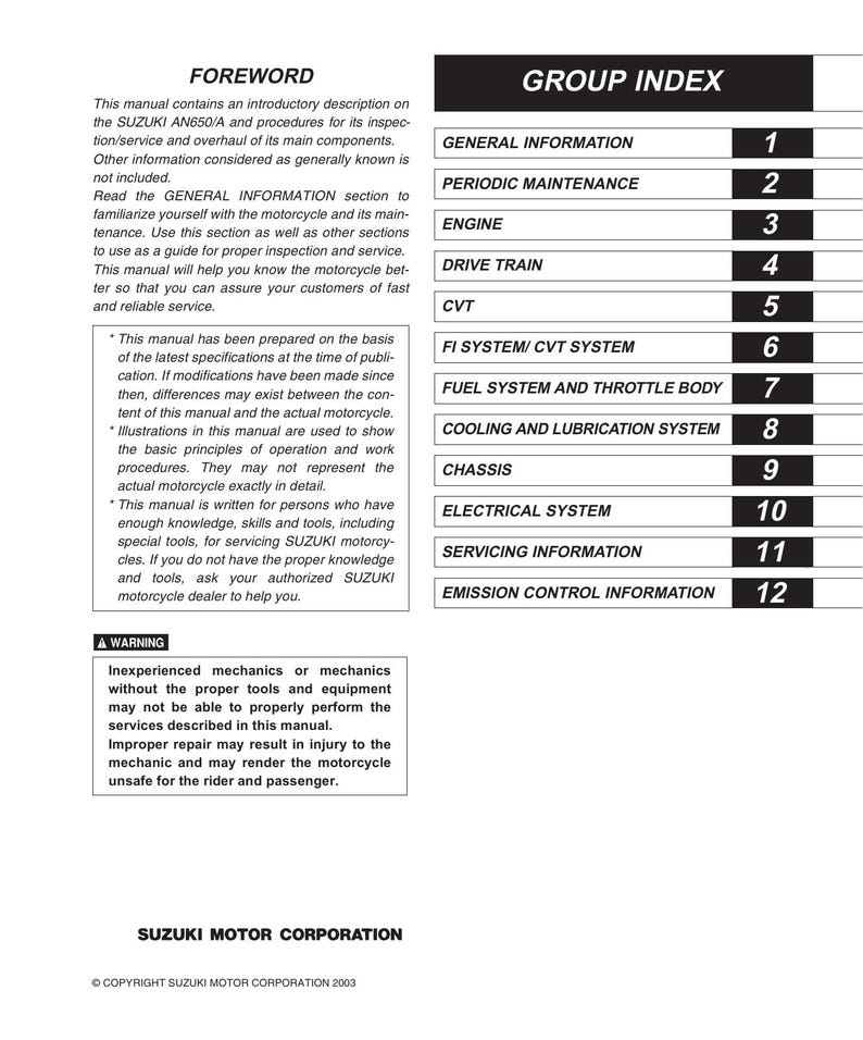 Suzuki AN650 Burgman 650 Service Manual service manual preview page 2