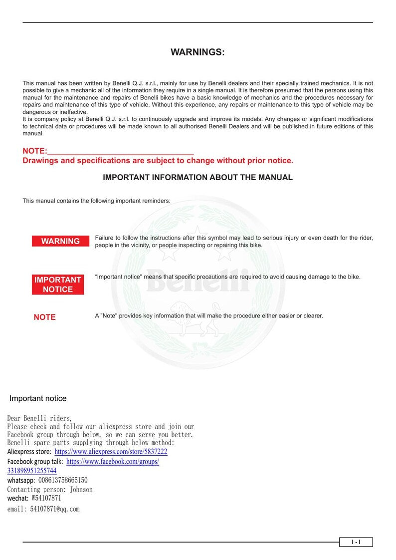 Benelli Leoncino 500 Service Manual service manual preview page 7