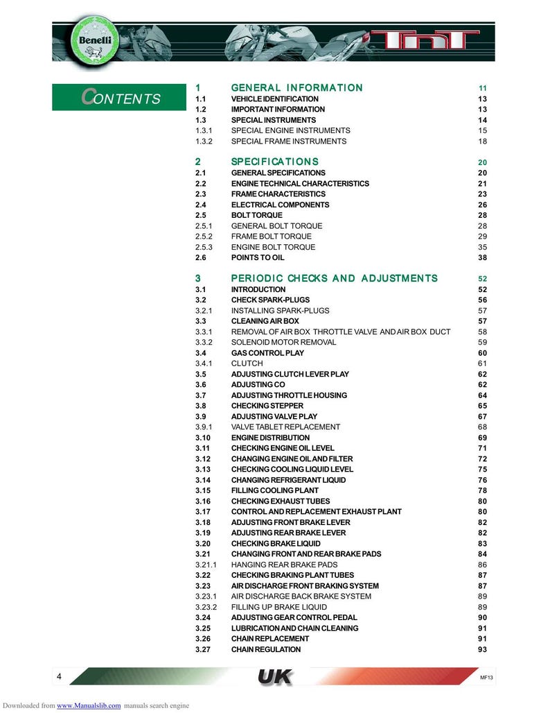 Benelli TNT 1130 Service Manual 2004-2008 Motorcycle Repair service manual preview page 9