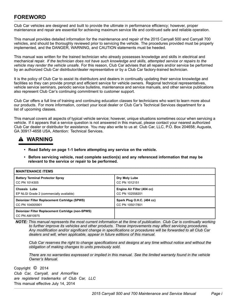 Club Car Carryall 500 700 Service Manual 2015-2019 UTV service manual preview page 3