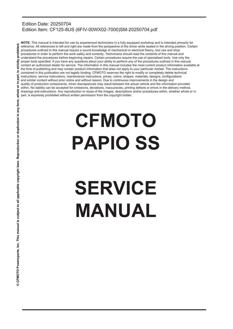 CFMOTO Papio SS 125 Service Manual service manual preview page 2