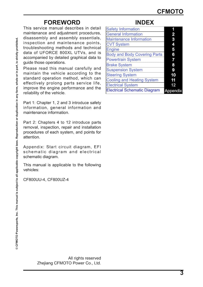 CFMOTO UFORCE 800 XL Service Manual service manual preview page 3