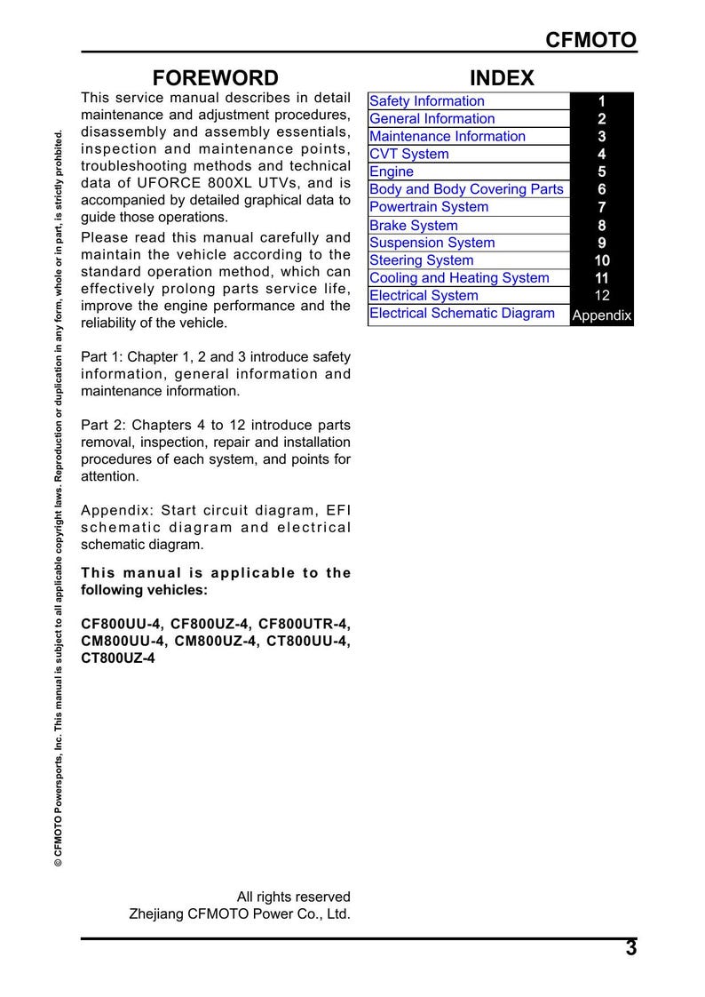 CFMOTO UFORCE 800 XL Service Manual service manual preview page 3
