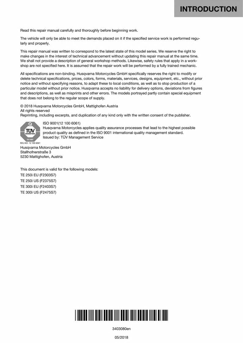 Husqvarna TE 250i 300i 2019-2023 Motorcycle service manual preview page 7