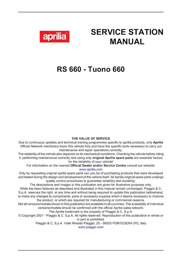 Aprilia RS 660 Tuono 660 Service Manual service manual preview page 2