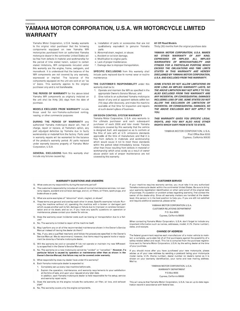 Yamaha WR250F Service Manual service manual preview page 10