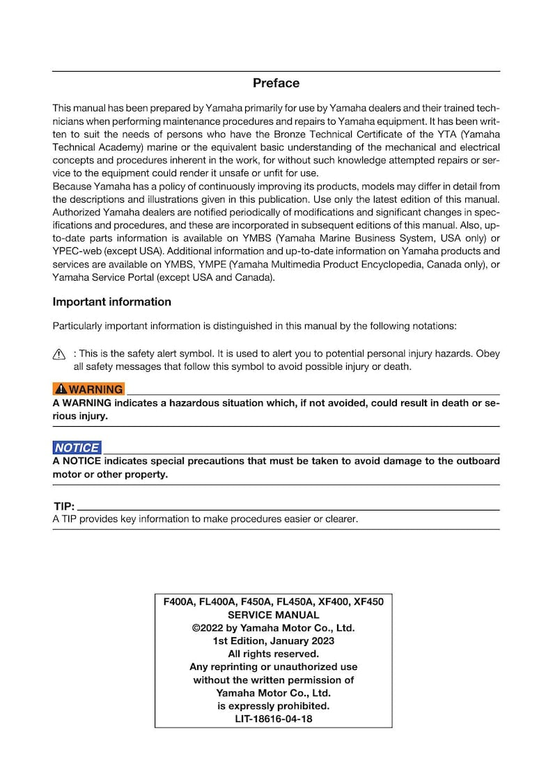 Yamaha F400A F450A XF400 xf450 Outboard Service Manual 2023-2026 service manual preview page 7