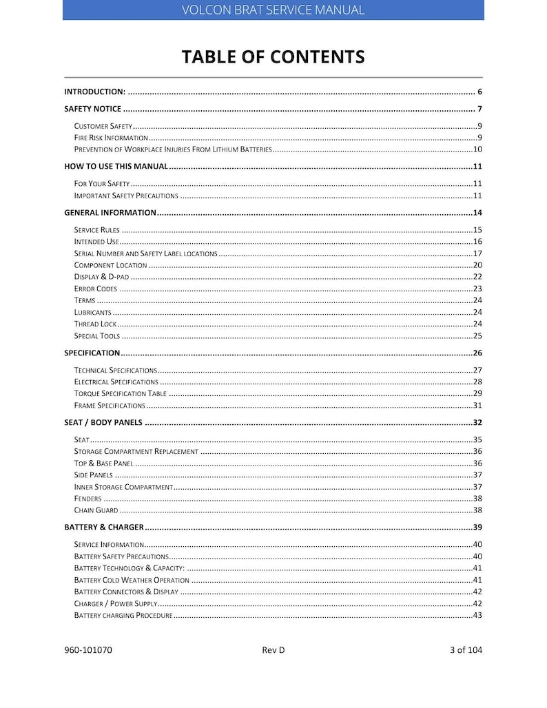 Volcon Brat E-Bike Service Manual 2023-2027 Electric Motorcycle service manual preview page 3