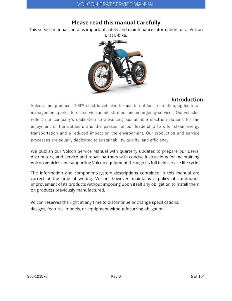 Volcon Brat E-Bike Service Manual 2023-2027 Electric Motorcycle service manual preview page 6