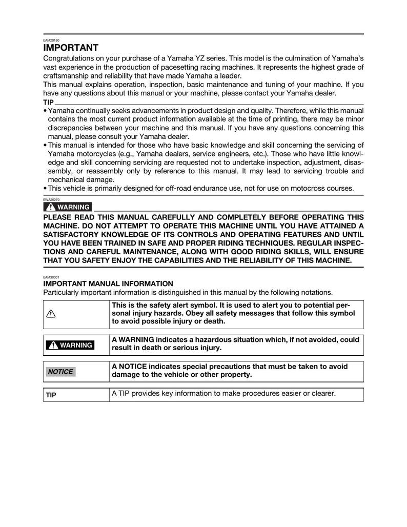 Yamaha YZ250FX Service Manual service manual preview page 6