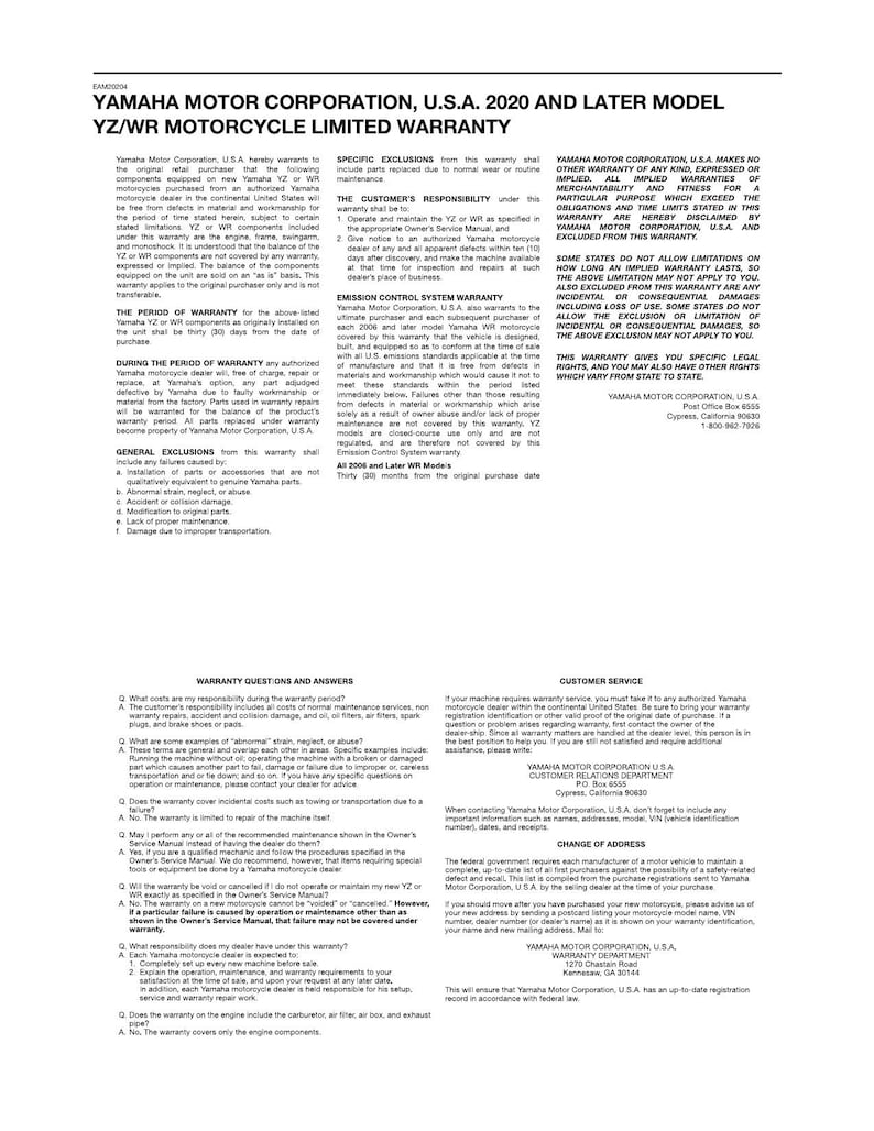 Yamaha YZ250FX Service Manual service manual preview page 7