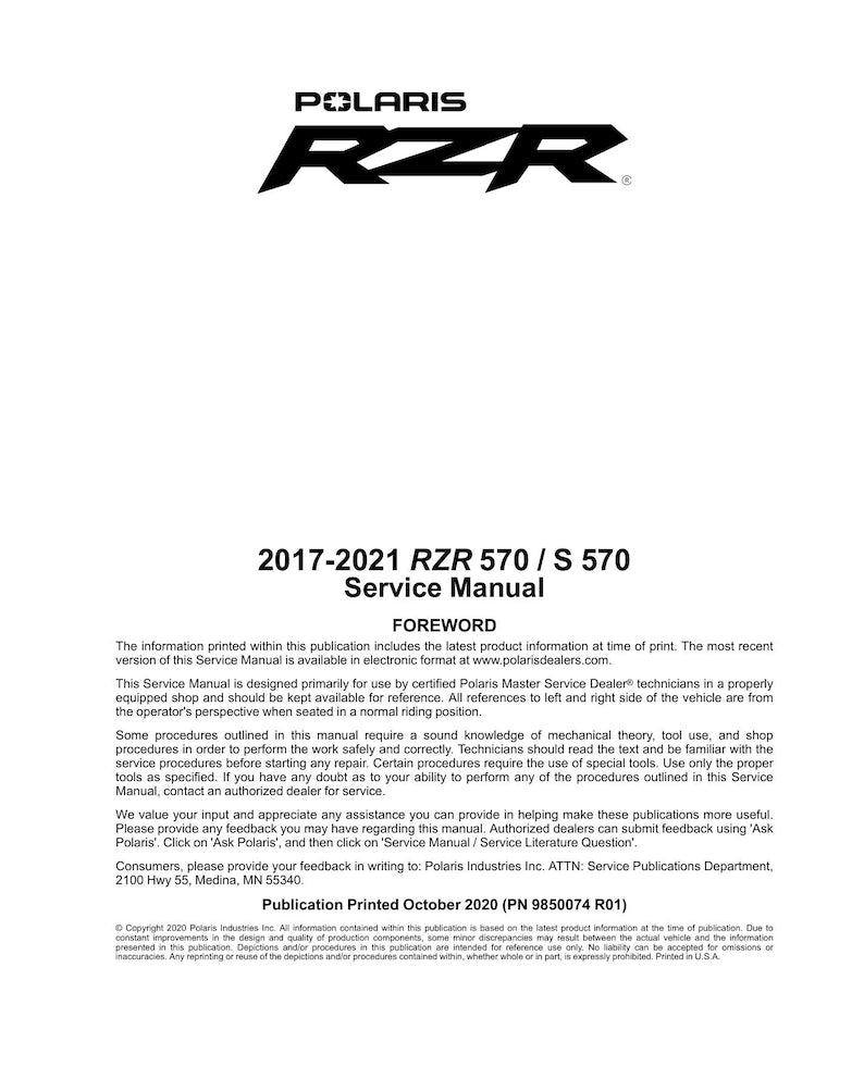 Polaris RZR 570 Service Manual 2017-2021 UTV Repair service manual preview page 2