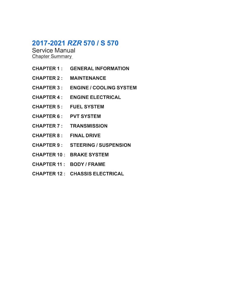 Polaris RZR 570 Service Manual 2017-2021 UTV Repair service manual preview page 9